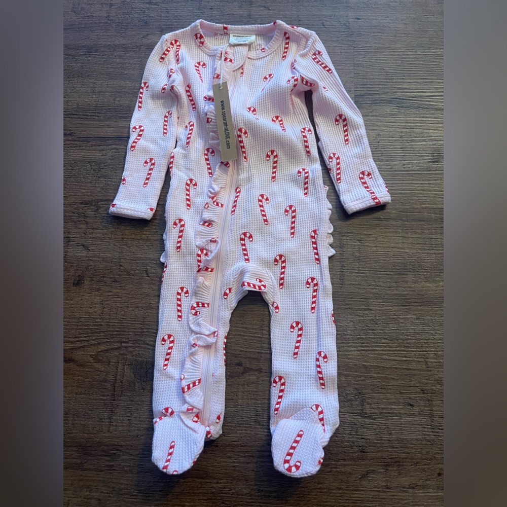 Candy cane ruffle zip onesie